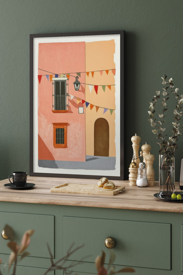 Mediterranean Style Building Facade with Window Balcony and Festive Flags Art Poster in Living Room Decor