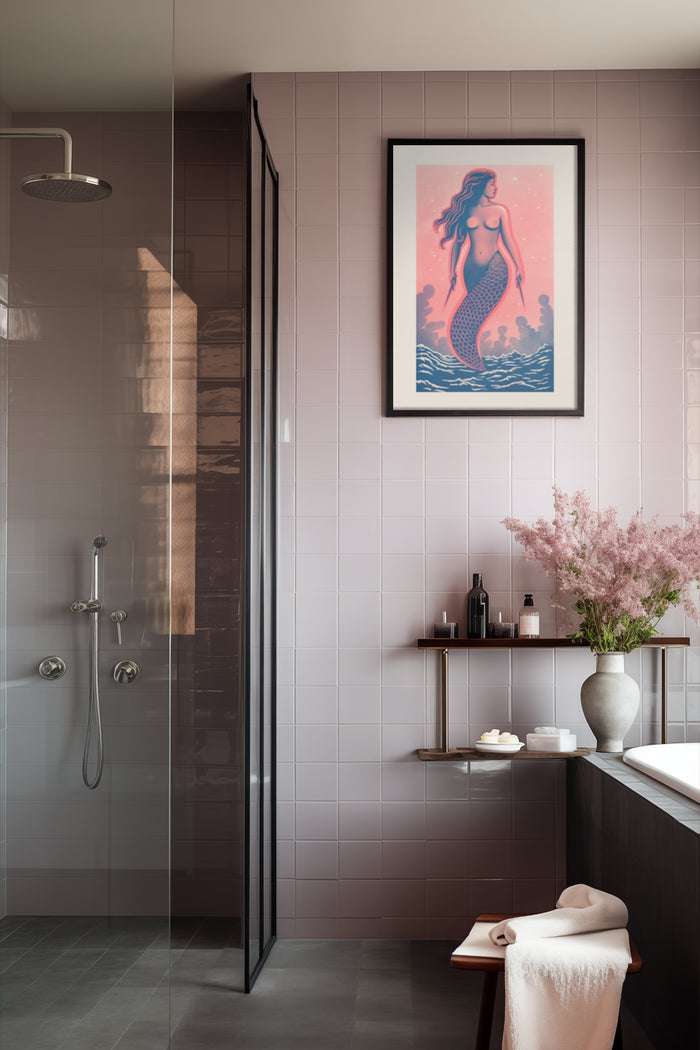 Stylish mermaid poster in a contemporary bathroom setting with elegant interior design