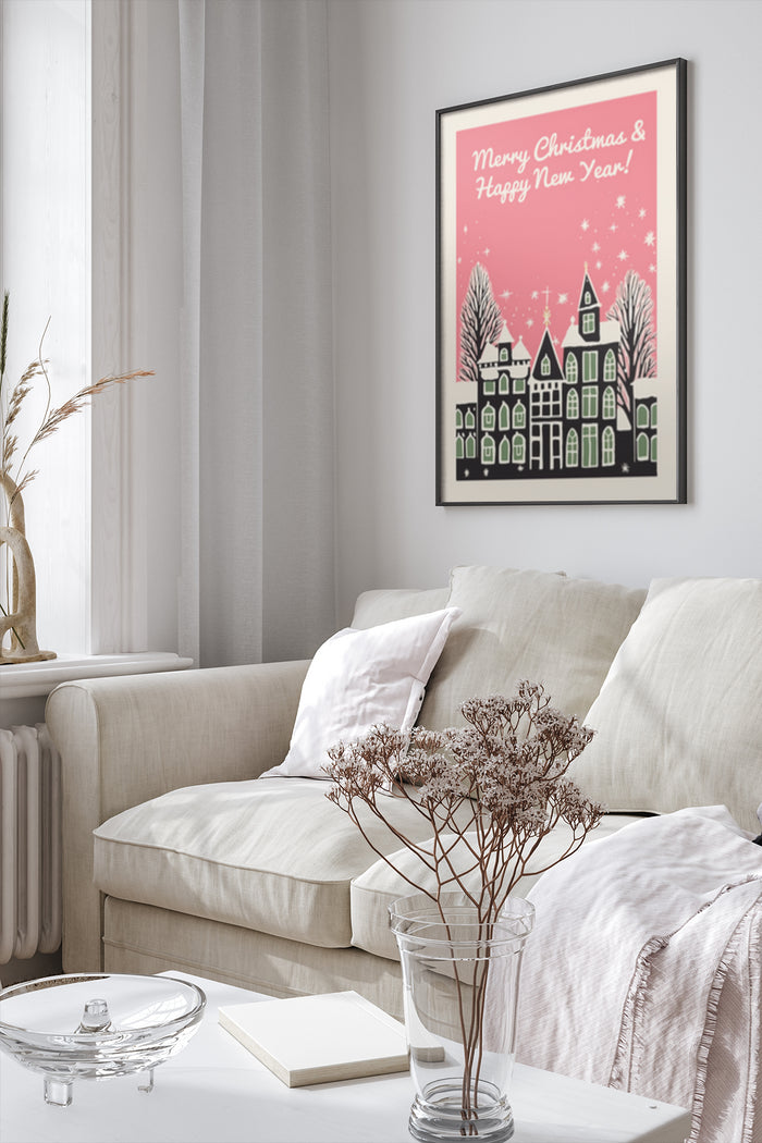 Merry Christmas and Happy New Year holiday poster with festive houses illustration hanging in cozy living room