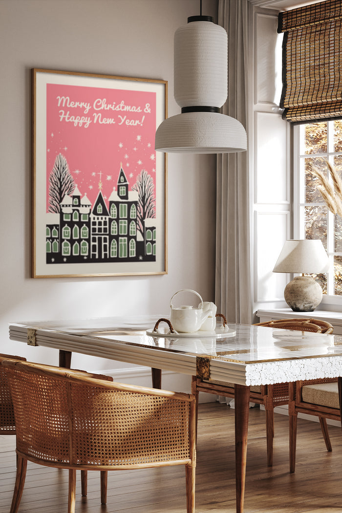 Elegant interior with a framed poster of Merry Christmas and Happy New Year greetings depicting snowy village houses
