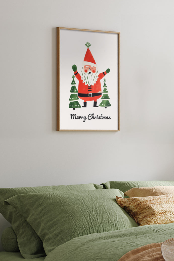 Merry Christmas poster featuring a cartoon Santa Claus with green trees in a stylish bedroom setting