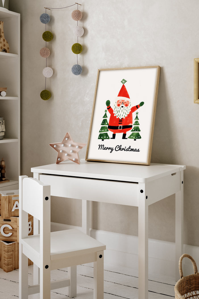 Cartoon Santa Claus with Christmas trees poster with Merry Christmas text for holiday decoration