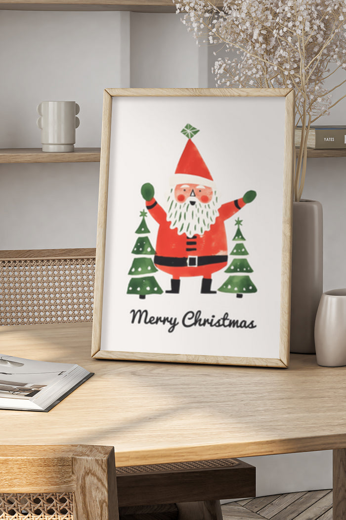 Santa Claus with Christmas trees poster saying Merry Christmas
