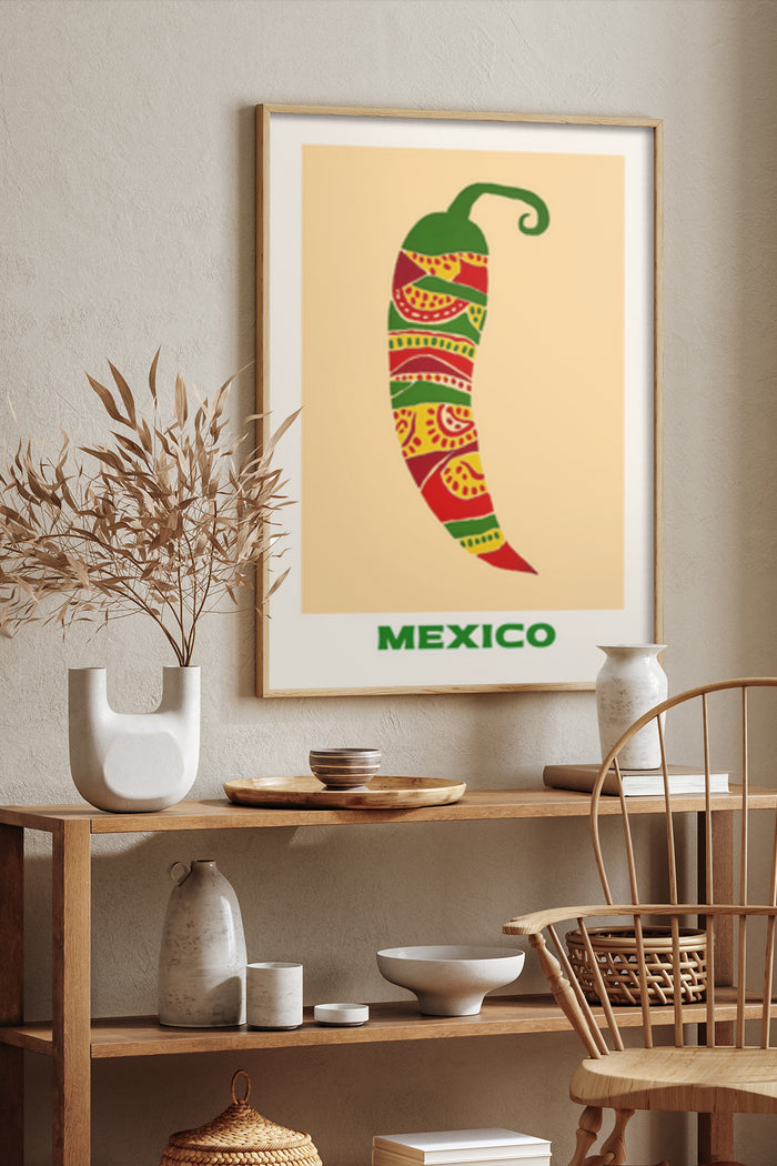 Colorful Mexico inspired chili pepper design poster in modern home decor setting