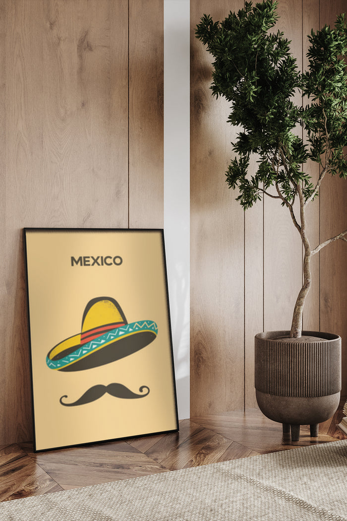 Stylish Mexico themed poster with colorful sombrero and mustache design in modern interior setting