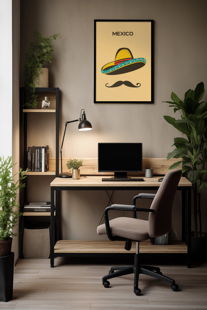 Mexico themed decorative poster featuring a colorful sombrero and mustache in a contemporary office setting