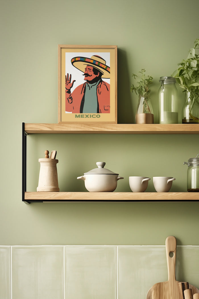 Vintage Mexico travel poster with sombrero-wearing figure in stylish kitchen setting