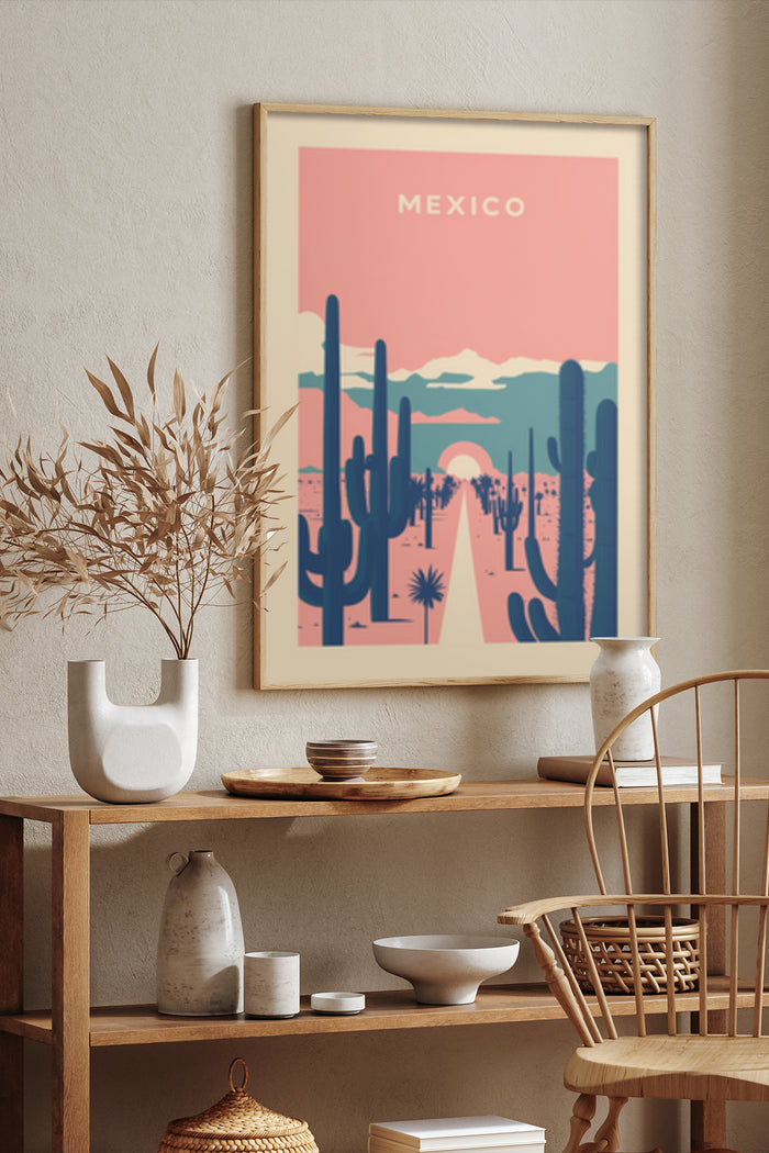 Mexico travel advertisement poster with cactus and sunset illustration in a stylish interior