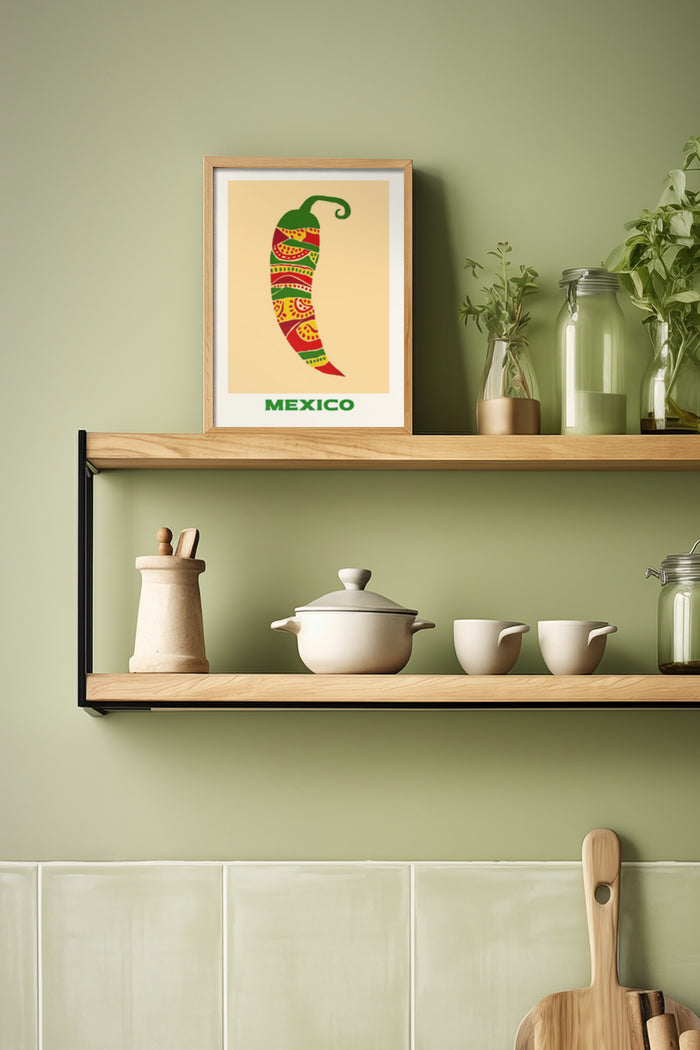 Mexico travel poster featuring chili pepper design on kitchen shelf