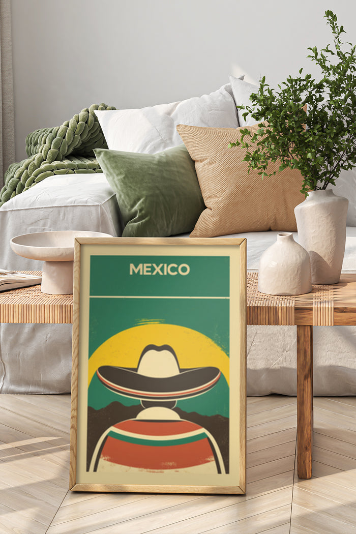 Vintage Mexico travel poster with sombrero and vibrant colors displayed in a cozy bedroom environment