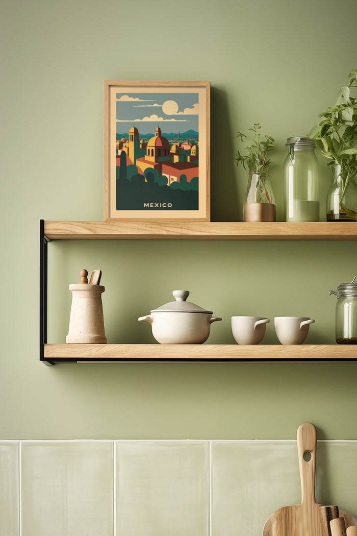 Vintage Mexico travel poster framed on kitchen shelf with modern home decor