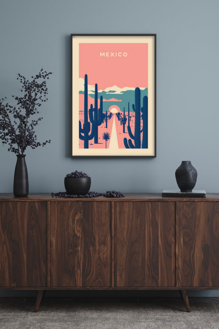 Mexico vintage travel poster with desert cacti and sunset, modern artwork in a stylish room