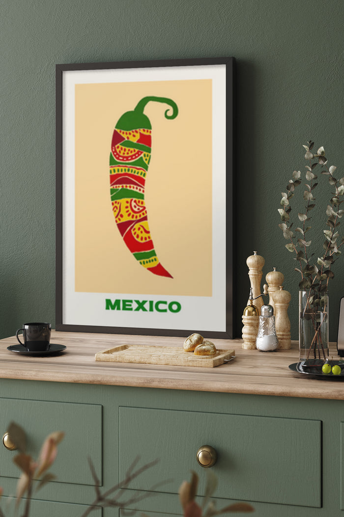 Stylized Mexico travel poster featuring a decorated chili pepper in a minimalist kitchen