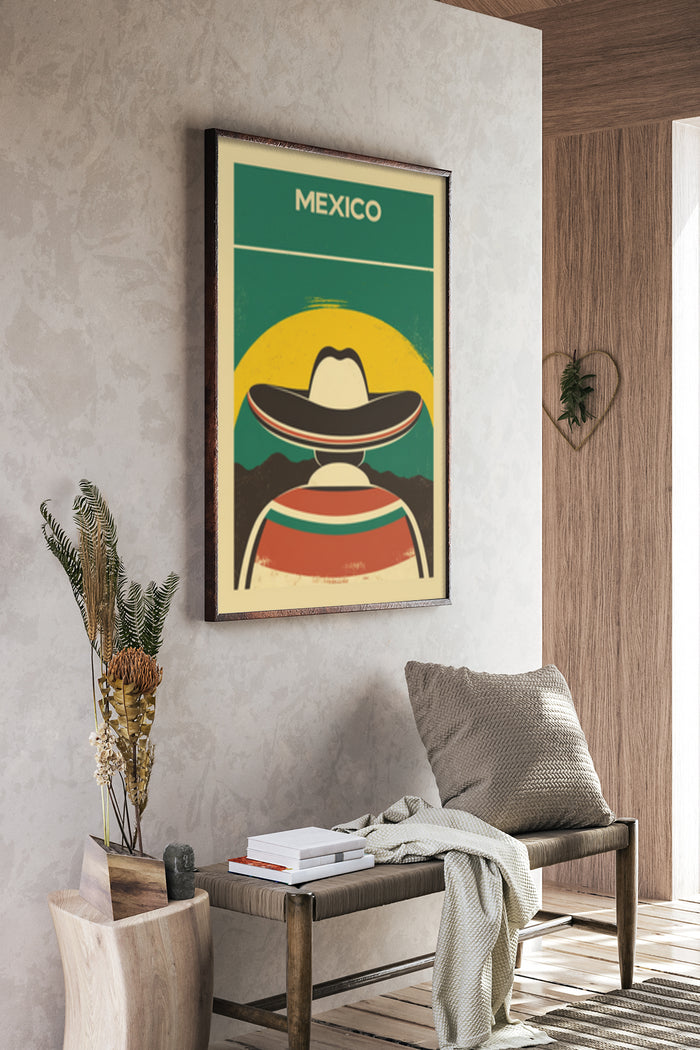 Vintage Mexico travel poster featuring a stylized sombrero design on a home wall