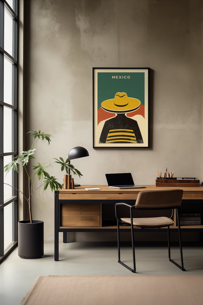 Mexico vintage travel poster in a stylish modern office setting with laptop and desk accessories