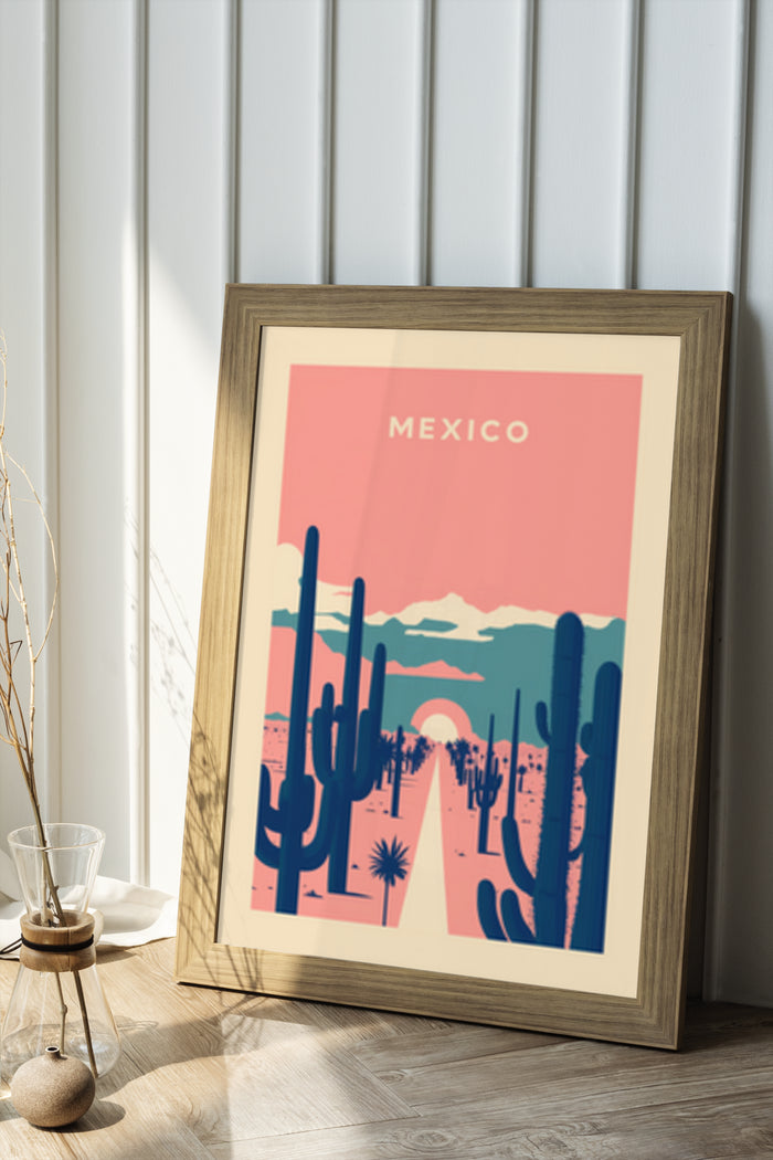Vintage Mexico travel poster featuring cacti landscape and sunset