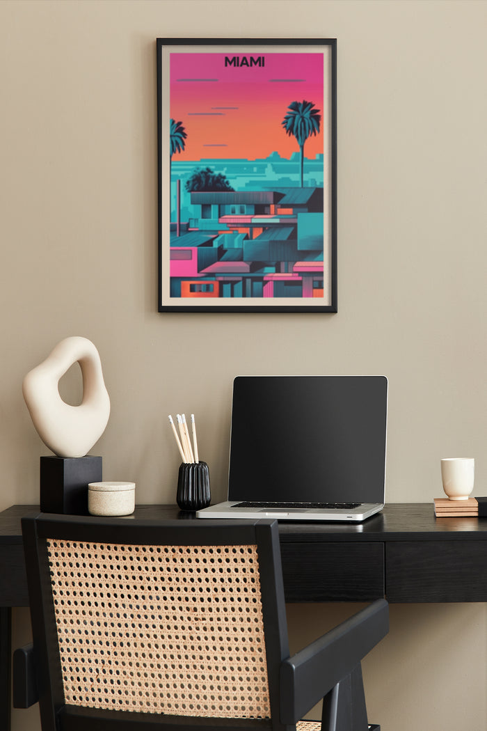 Miami inspired retro sunset poster with palm trees in a stylish home office setting