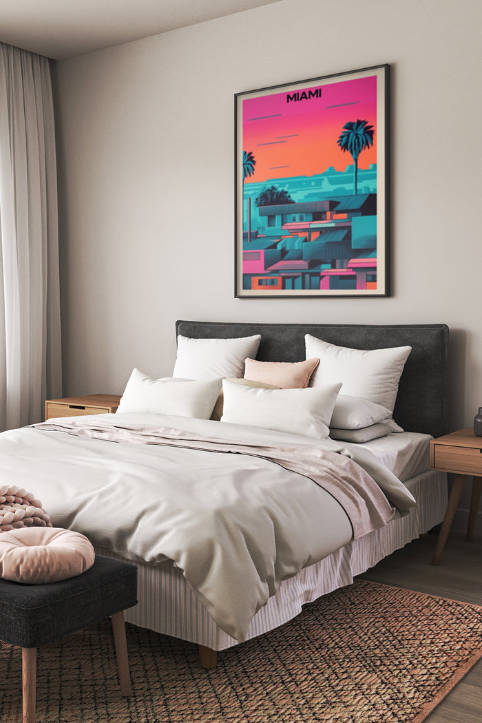 Stylish bedroom with a retro Miami themed wall art poster featuring palm trees and sunset