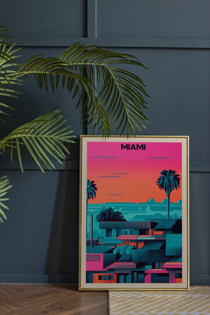 Miami sunset with palm trees retro poster artwork in a modern room
