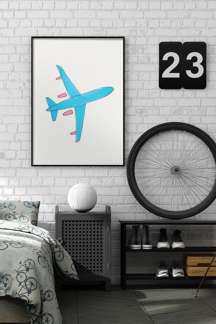 Minimalist blue airplane poster on bedroom wall above a modern bedside table
