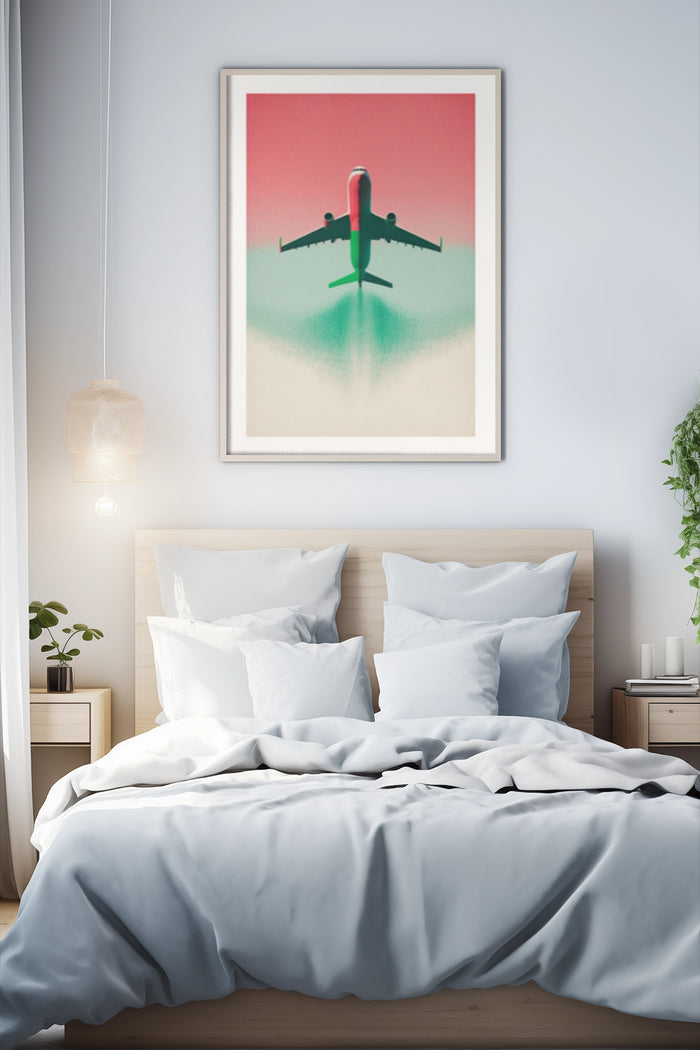 Minimalist airplane design poster as bedroom wall decor with pastel colors