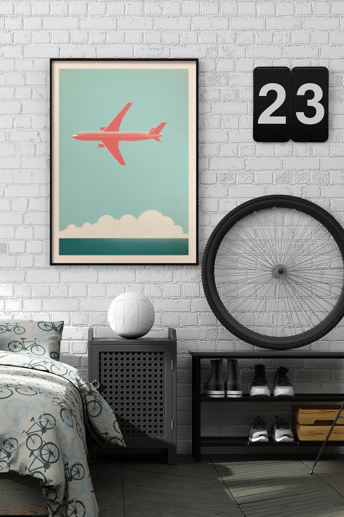 Minimalist red airplane illustration poster on bedroom wall