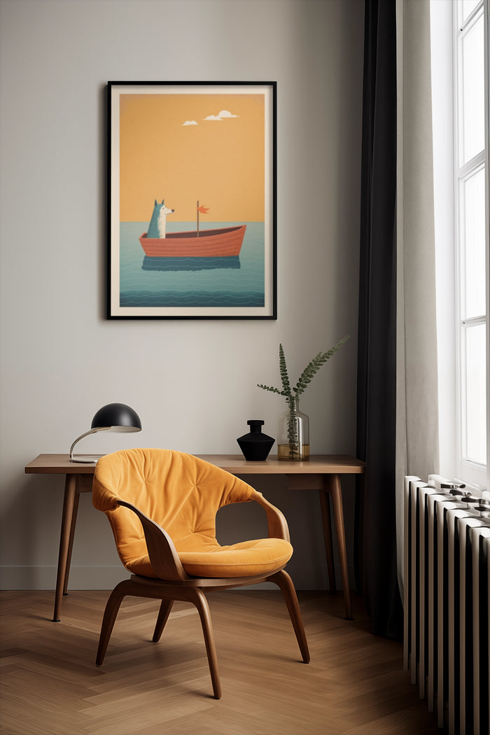 Minimalist poster of an animal in a boat in stylish room decor