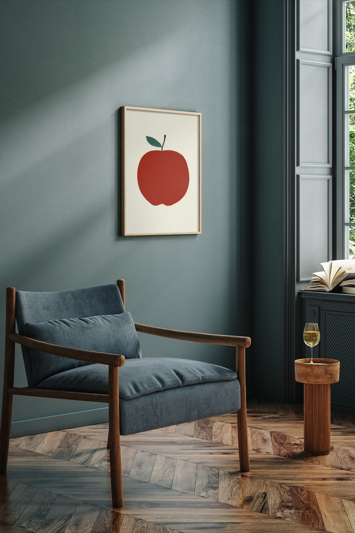 Minimalist red apple poster framed on wall in elegant interior design setting