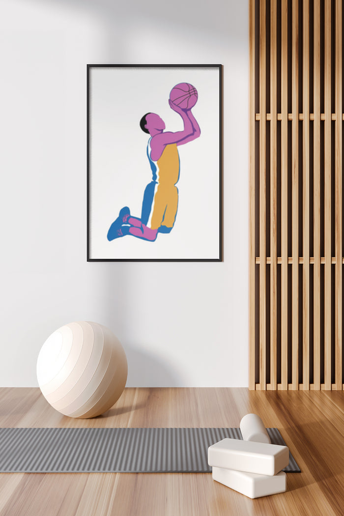 Minimalist artwork of a basketball player performing a dunk in a contemporary interior