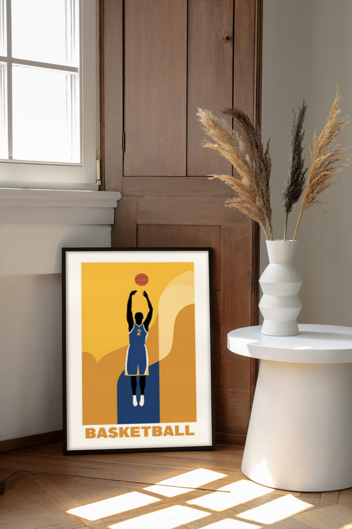 Minimalist basketball player poster displayed in a modern home decor