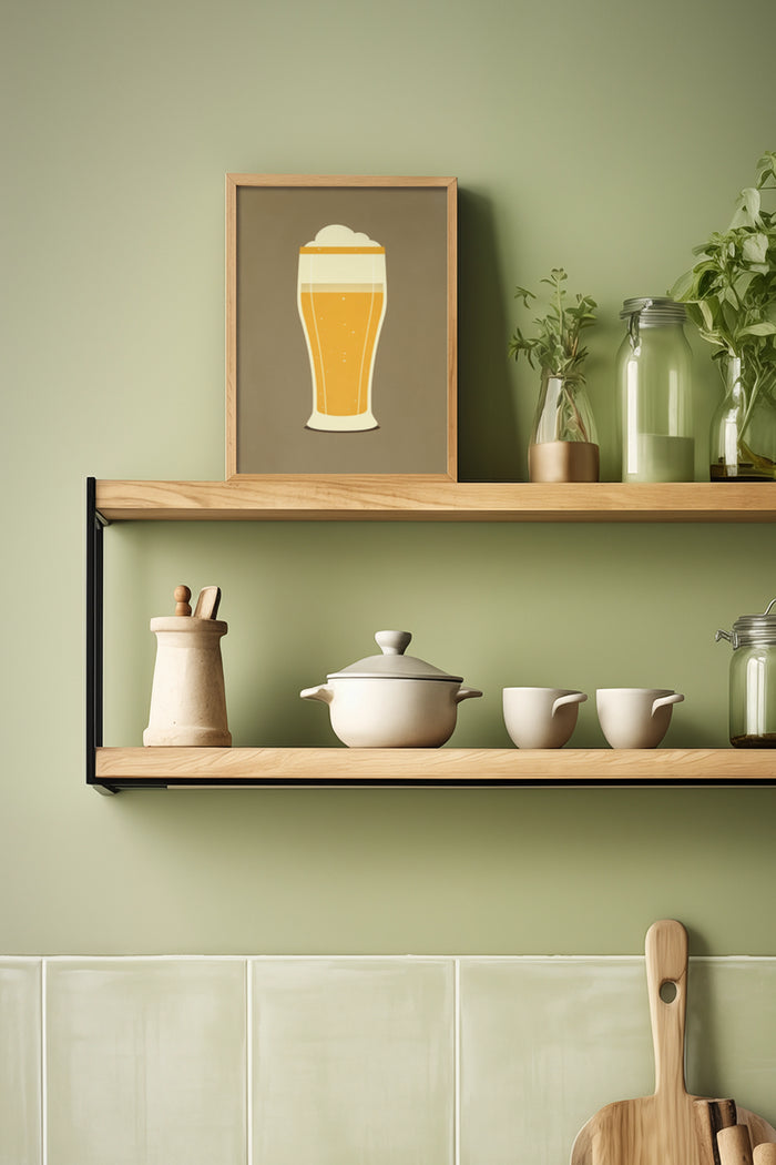 Framed minimalist beer glass poster on kitchen shelf with pottery and plants