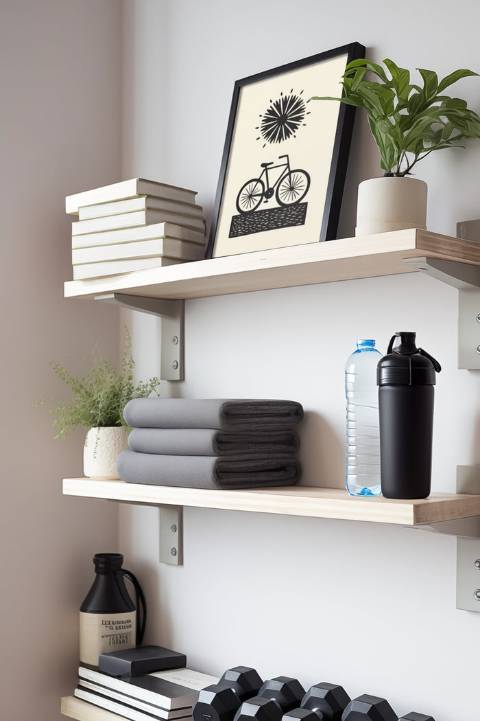 Minimalist bicycle and dandelion art poster on a shelf with home decor and fitness accessories
