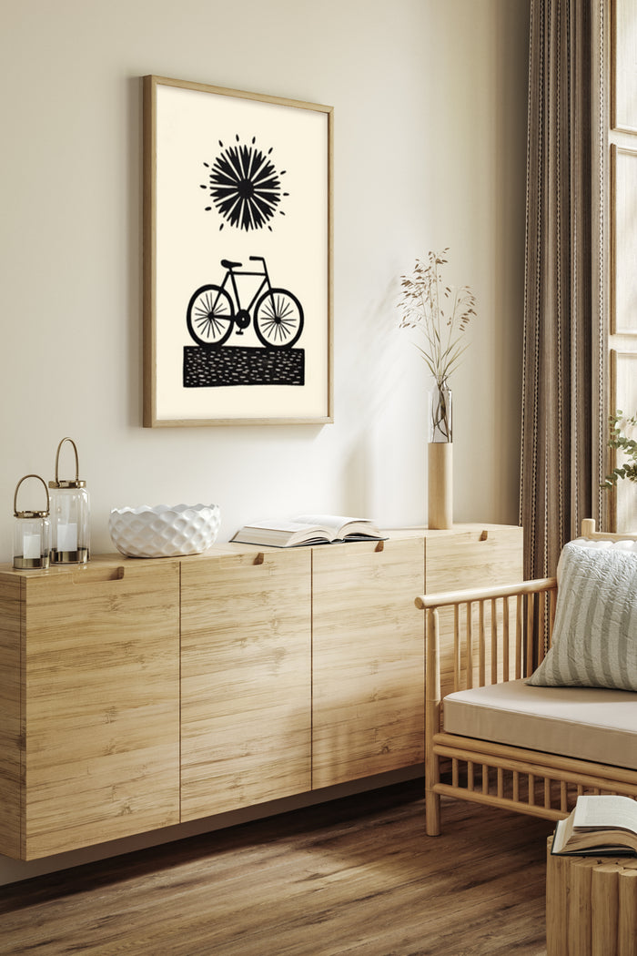 Minimalist black and white bicycle with starburst graphic art poster in a modern living room setting