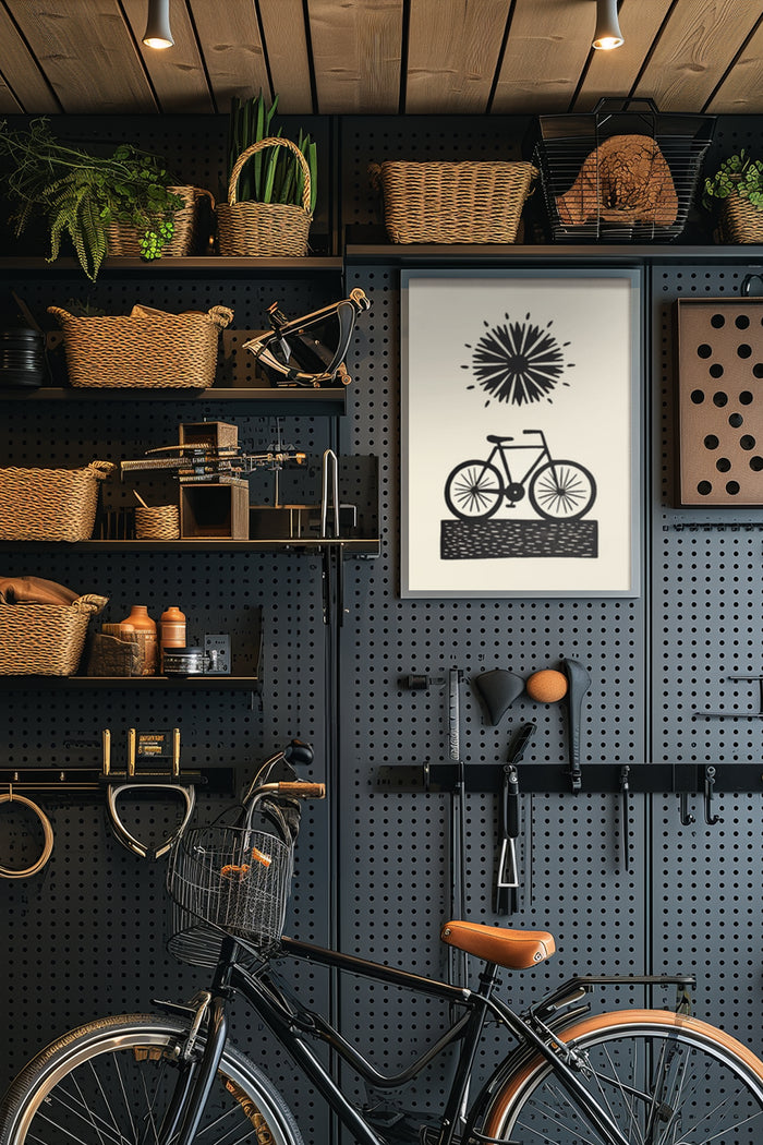 Stylish minimalist bicycle poster in a modern home decor setting with storage shelves and accessories