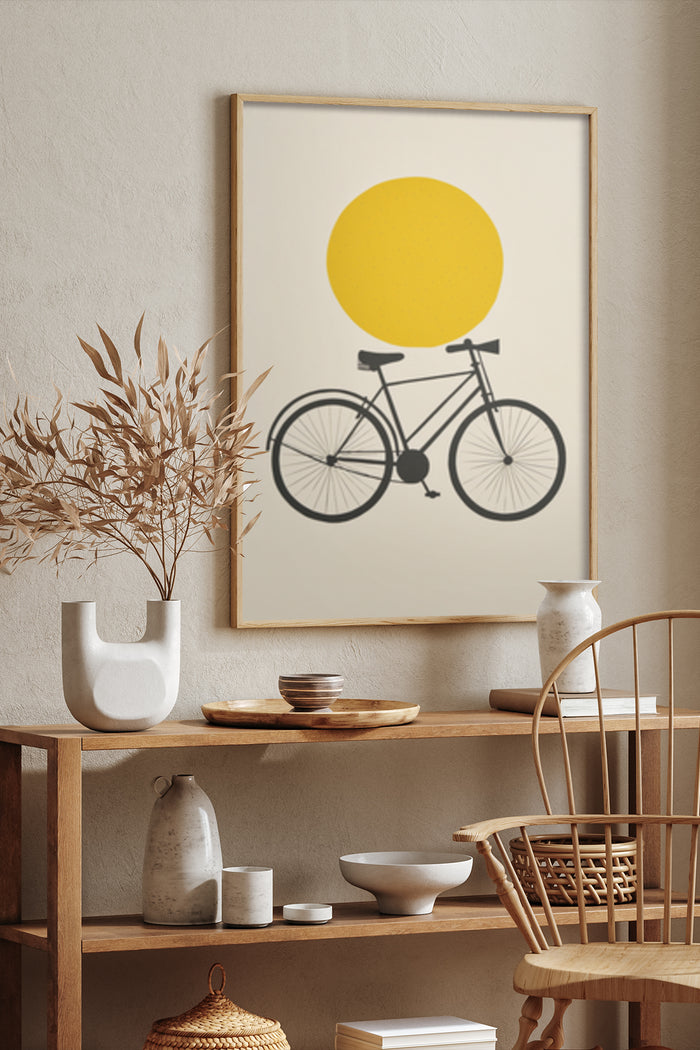 Minimalist bicycle poster art with abstract yellow sun on display in modern interior setting