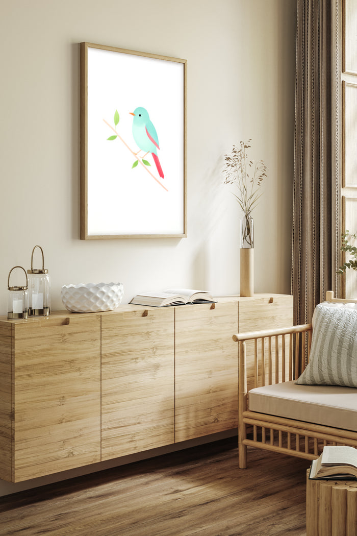 Colorful minimalist bird illustration poster framed on a beige wall in a contemporary styled room