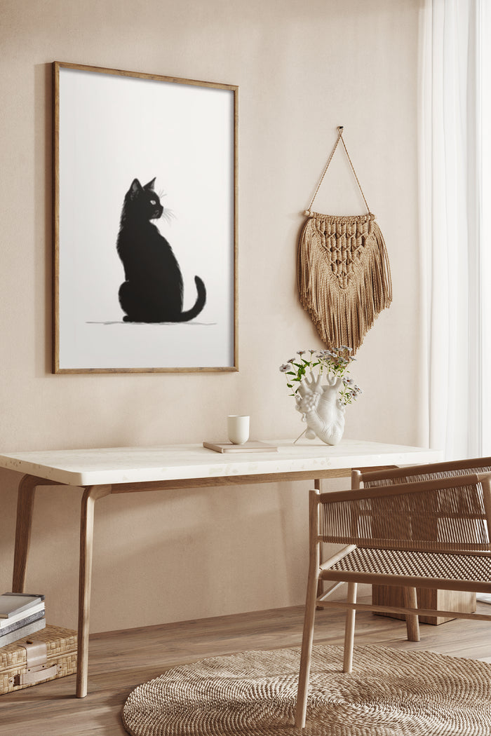 Minimalist black cat silhouette poster framed on a wall in a stylish room with boho decor