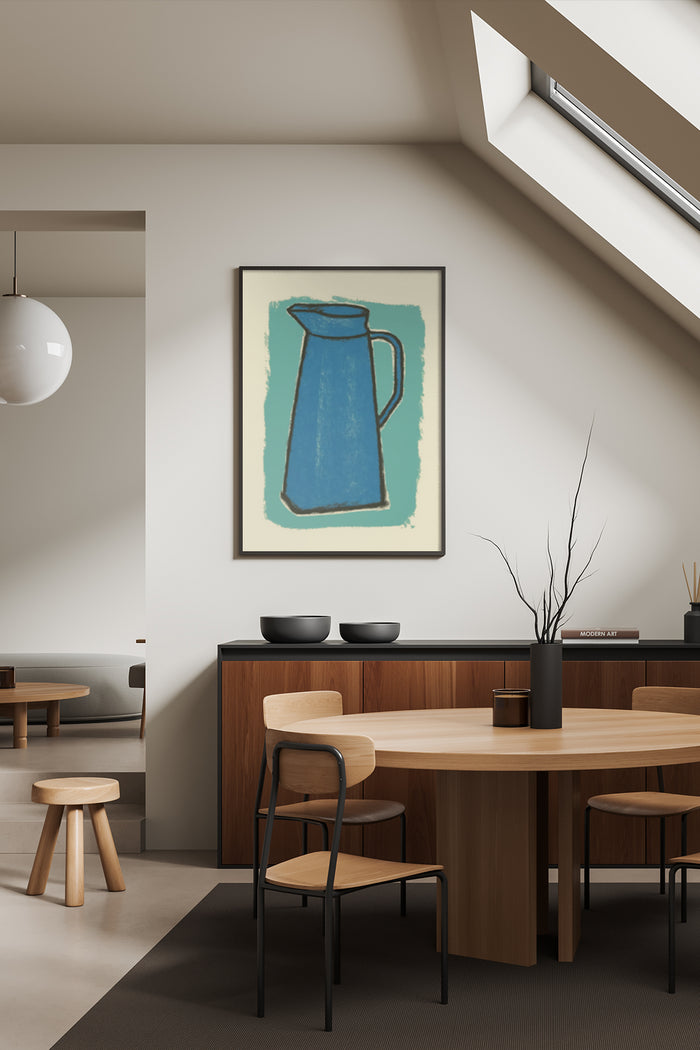 Minimalist blue jug artwork in stylish dining room interior with wooden furniture