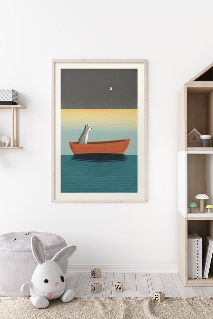 Minimalist art poster of a dog on a boat under a night sky with crescent moon