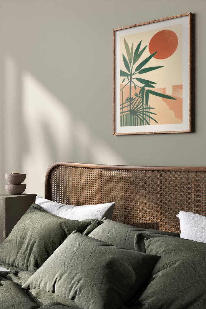 Minimalist Botanical Art Poster with Red Sun and Green Plant in Modern Home Interior