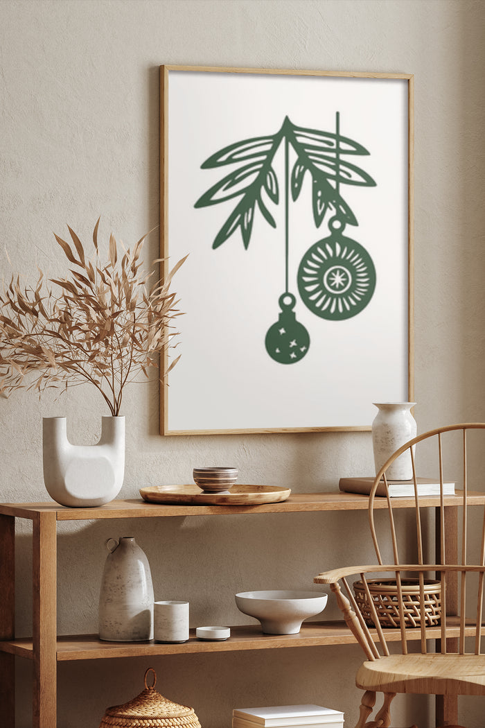 Minimalist botanical and geometric shapes artwork on a framed poster in a stylish home interior