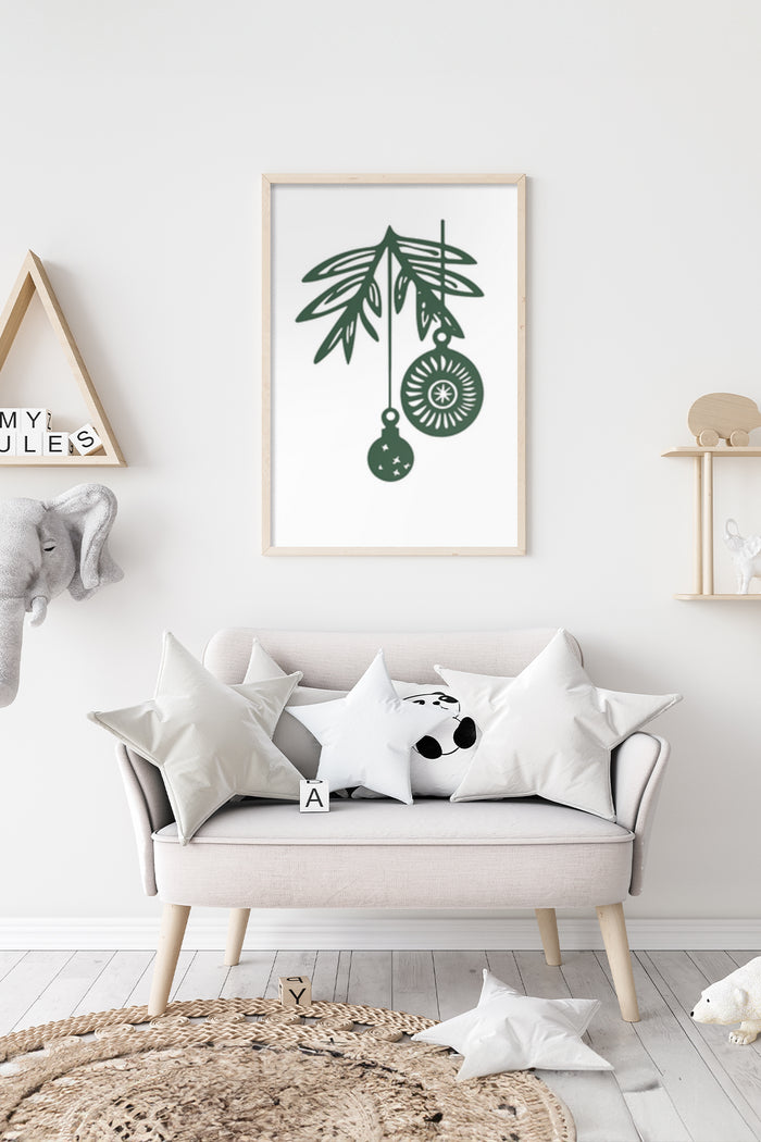 Minimalist green botanical artwork framed poster on a wall above a sofa with decorative pillows in a stylish living room interior