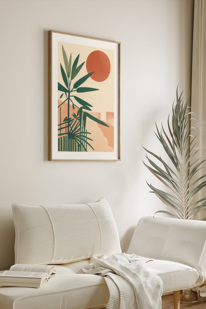 Minimalist botanical artwork in living room with palm leaves and red sun in beige color palette