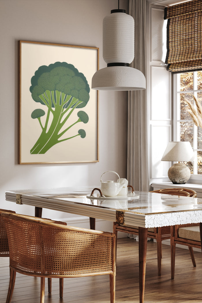 Minimalist Broccoli Art Poster Displayed in Contemporary Dining Room Interior