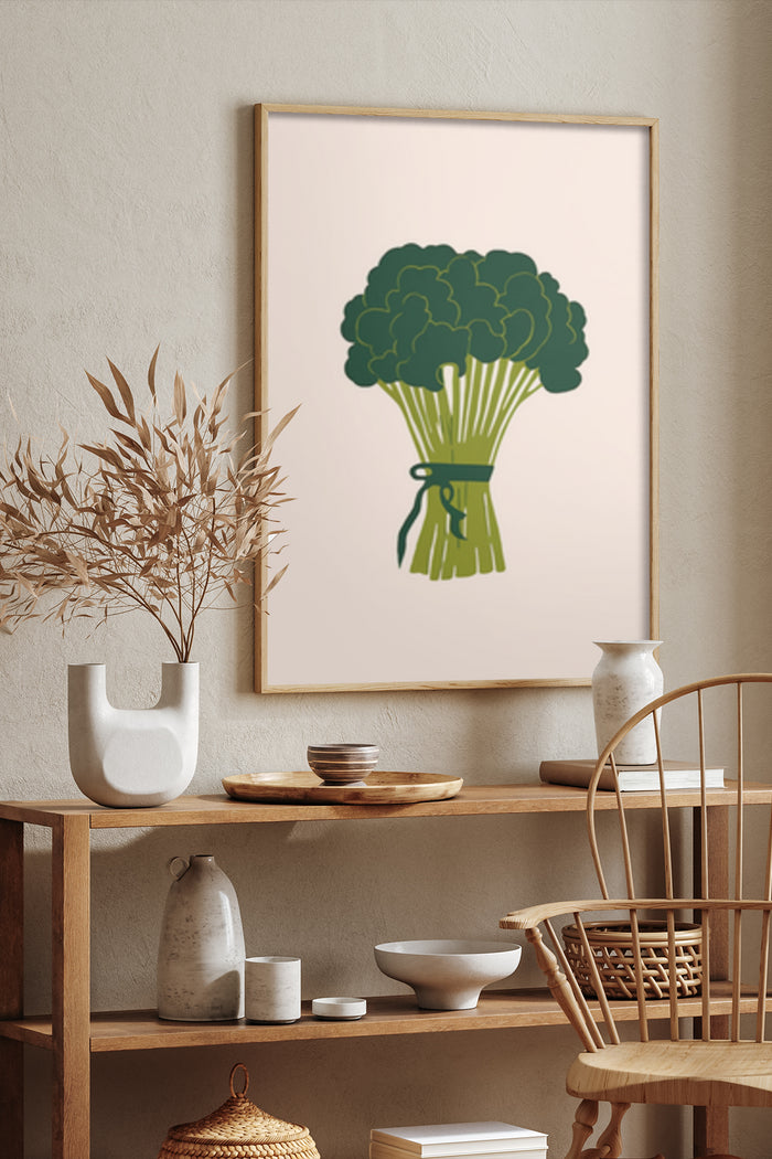 Minimalist broccoli illustration poster in modern home interior