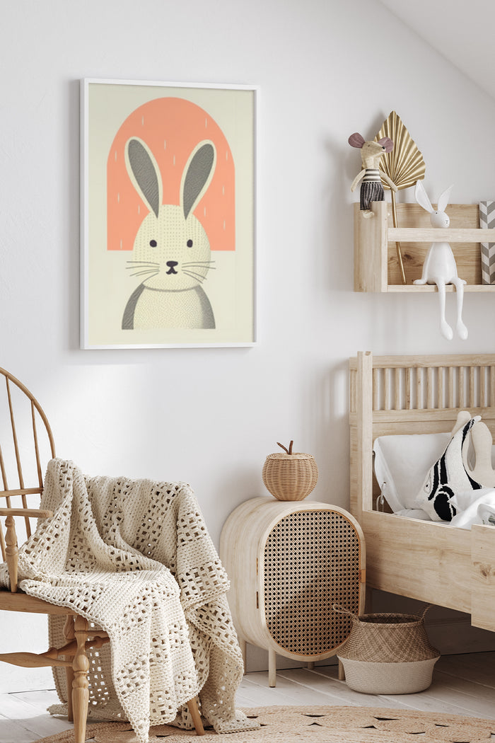 Minimalist bunny illustration poster framed on a nursery room wall with modern children's decoration
