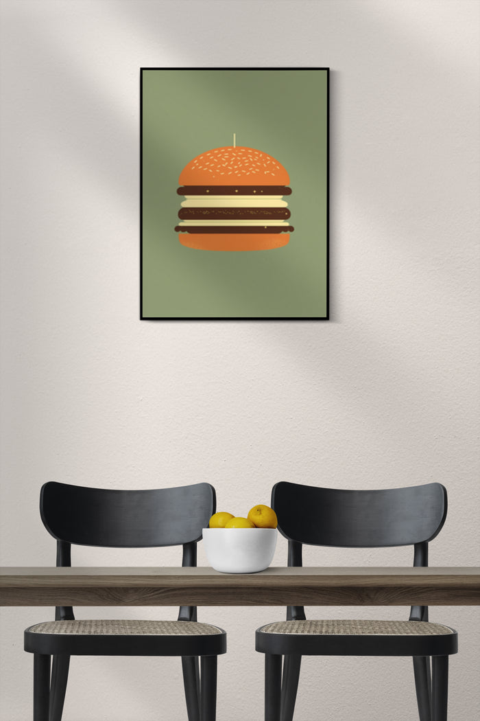 Minimalist Burger Poster Art in a Modern Dining Room Setting