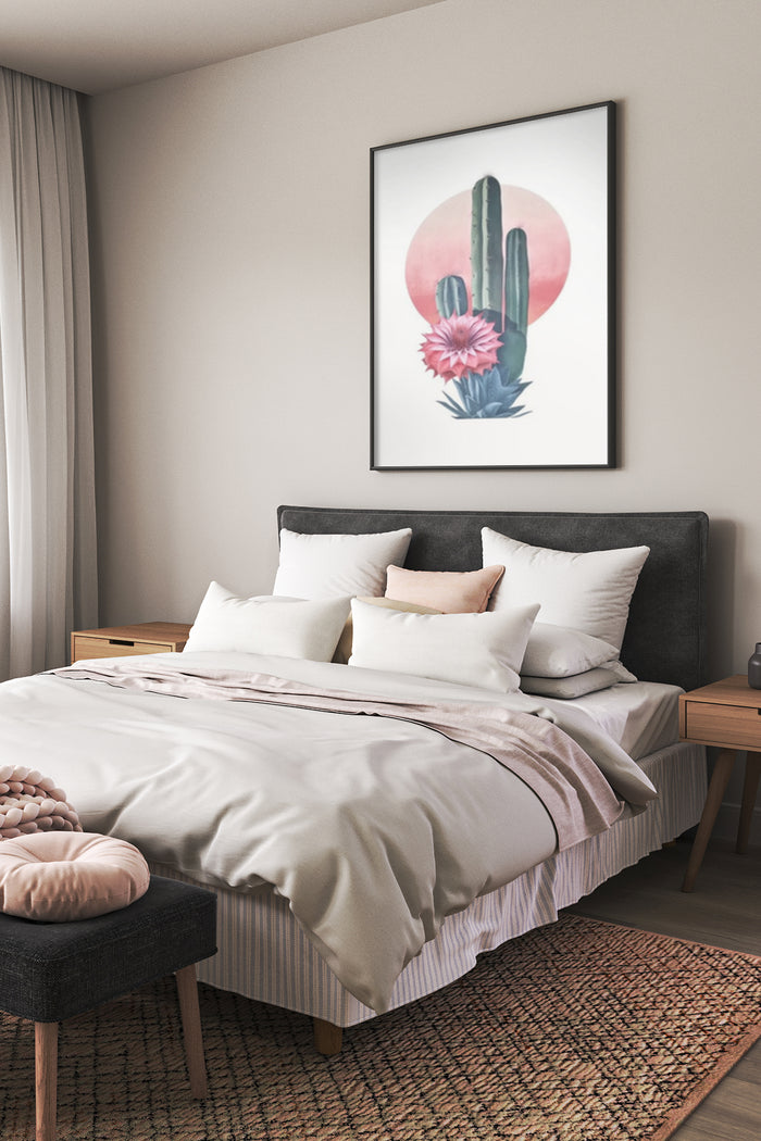 Stylish minimalist cactus and flower poster on bedroom wall decor