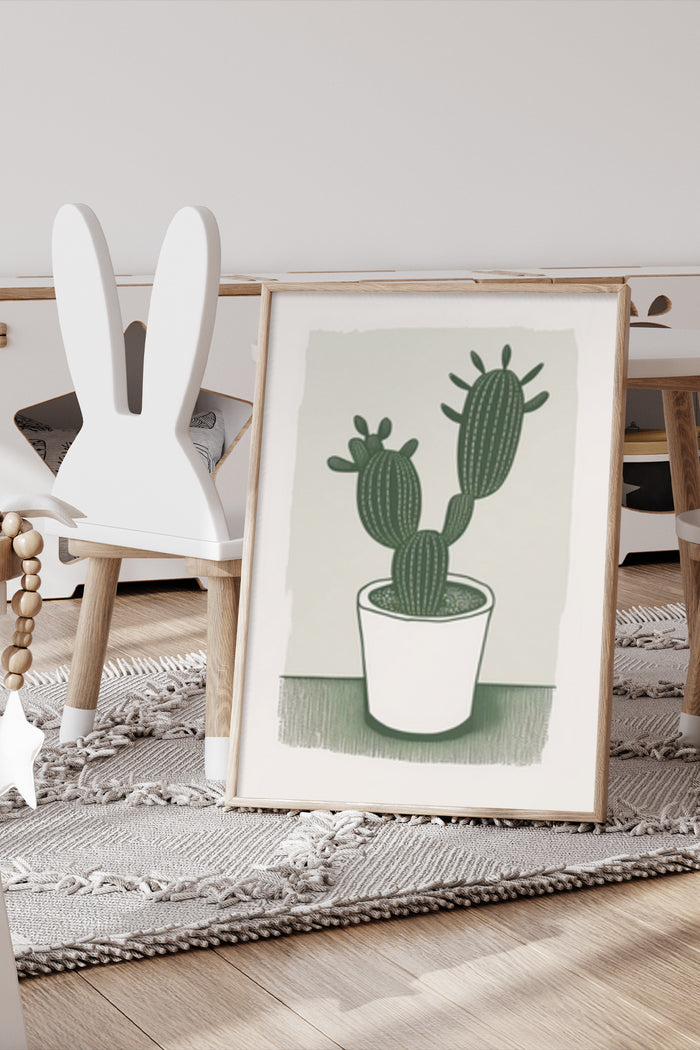 Minimalist green cactus in white pot artwork poster in home decor setting