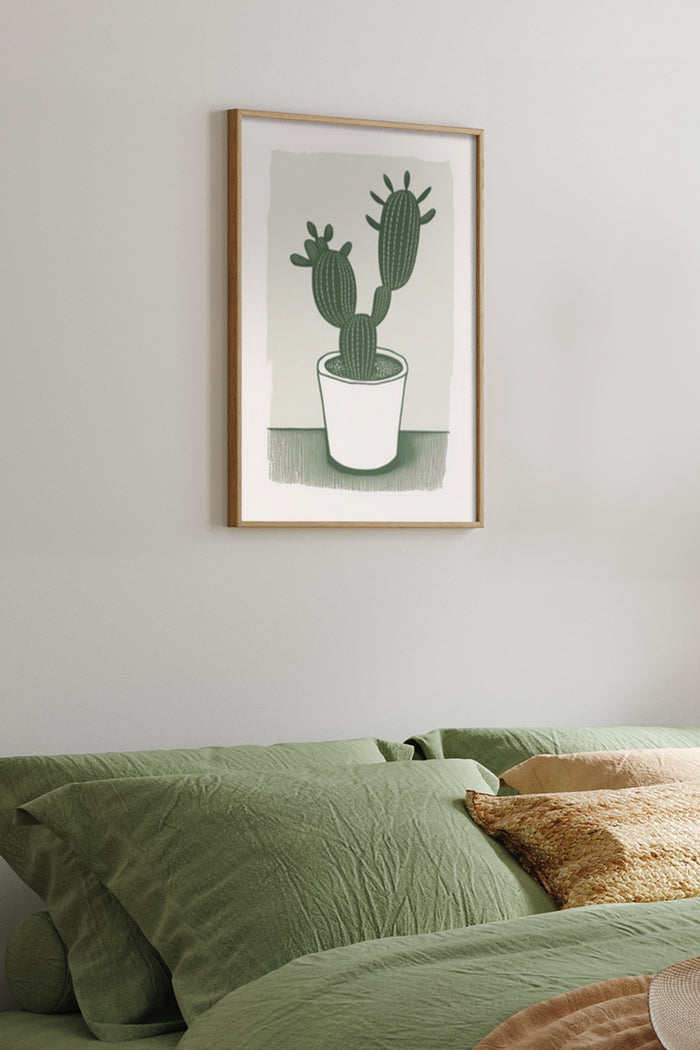 Minimalist cactus artwork poster in a bedroom setting above a bed with green linen